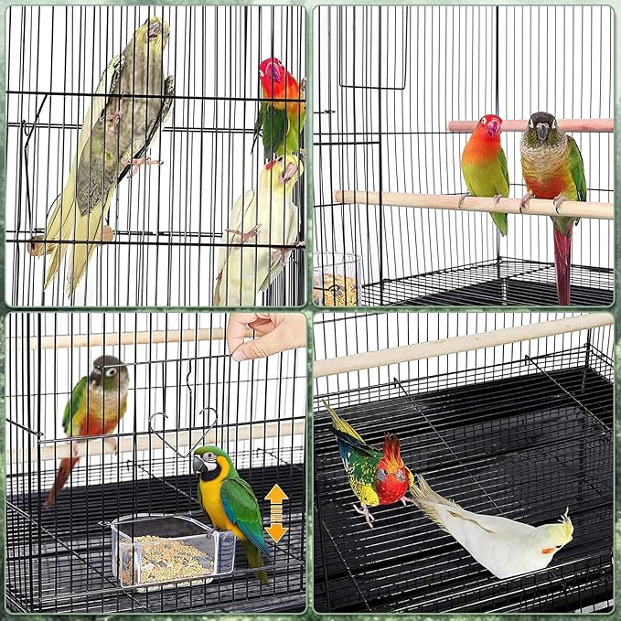 Portable Large Metal Bird Cage Carrier for Small to Medium Birds – 2 Food Bowls, 2 Perches, Removable Tray, Handle – Ideal for Cockatiels, Budgies, Lovebirds, Canaries – Green, 42x32x37cm