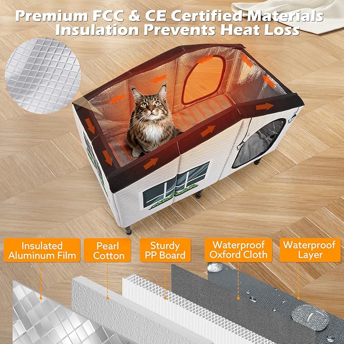 GASUR Weatherproof Heated Cat House for Outside Cats, Outdoor Cat House with Cats Heated Pad for Winter, Insulated Heating Cat Houses, Elevated Safe Feral Cat Houses Heat Cat Shelter (20"x17"x16")
