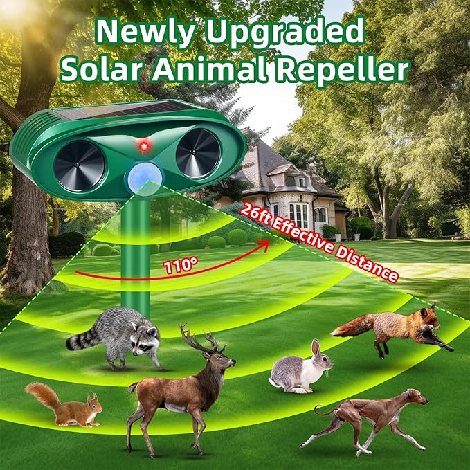2 Pack Solar Ultrasonic Animal Repeller Outdoor Deer Repellent Devices Motion Activated Cat Deterrent for Yard Garden IP65 Waterproof Ultrasonic Pest Repellent for Squirrel Raccoon Dog Skunk Rabbit