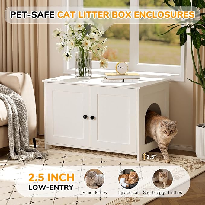 Cat Litter Box Enclosure Furniture Dog Proof, Hidden Kitty Washroom Cabinet Low Entry, Wooden Cat Boxes Enclosure Odor Control for Home, Farmhouse Style Decorative TV Stand with Storage, White