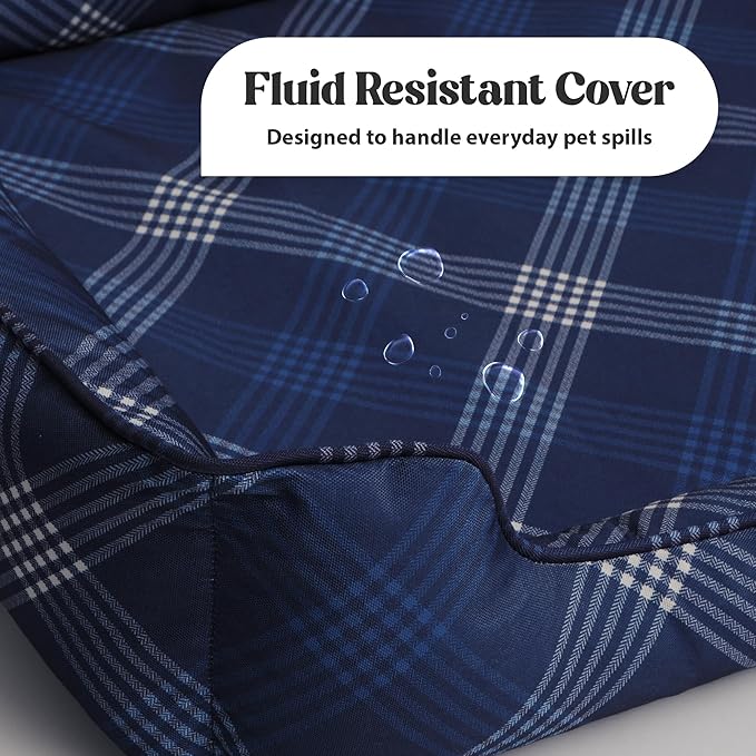 Orthopedic Bolster Dog Bed – CertiPUR-US Foam, Recycled Polyester Canvas, Washable Cover, Anti-Slip Bottom, Small, Navy Plaid – Stylish Designer Dog Sofa