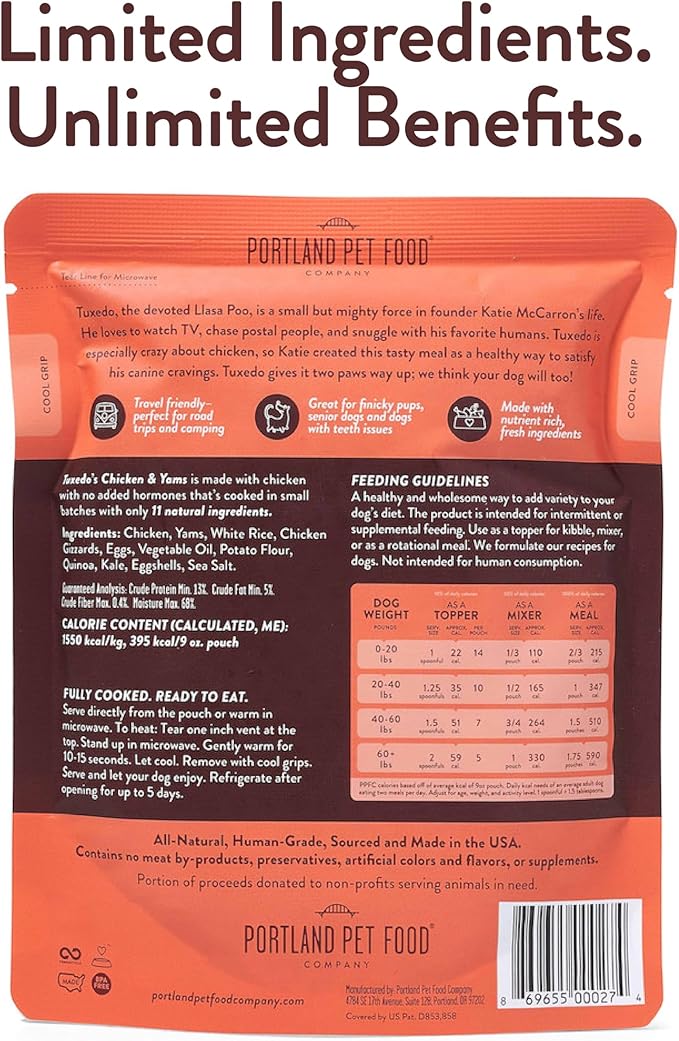 Portland Pet Food Company Fresh Dog Food Pouches - Human-Grade Toppers Wet Pet Meal & Mixers - Gluten-Free Limited Ingredient Tuxedo’s Chicken & Yams - Large & Small Breed Puppy & Senior Dogs - 5 Pack