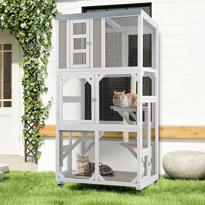 Catio Outdoor Cat Enclosure with Wheels & Weatherproof Roof, Large 63" Window Catio with 3 Platforms, Acrylic Dome, Portable Kitty House for Indoor Cats