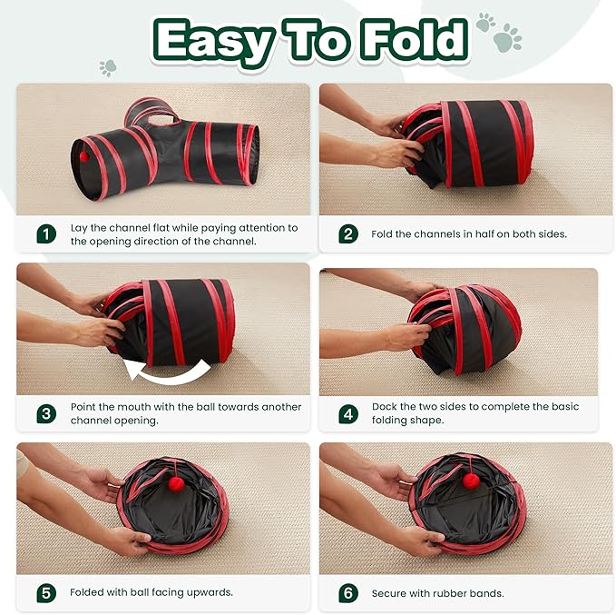Love’s Cabin Cat Tunnel for Indoor Cats, 3-Way Collapsible Play Tunnel with Teaser Wand, Peek Holes & Toy Ball, Small Pet Toy for Kittens & Rabbits, Black & Red, Small Size