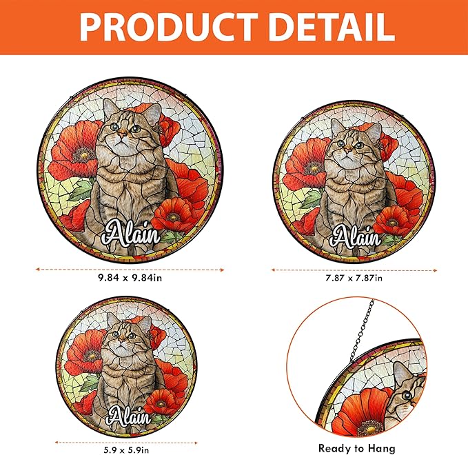 Lovely POD Personalized Cat Memorial Suncatcher Ornament, Suncatcher Stained Glass Windows for Pet, Sympathy Ornament Window Hanging Gift for Loss of Cat, Thoughtful Sympathy Gifts for Pet Day