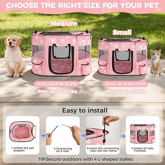 Homimp Portable Pet Playpen for Indoor Cats & Puppies, Foldable Dog Playpen Outdoor Tent Crate Cage with Pee Pad & Carry Bag, Pet Crate with Mesh Sides for Small Animals Travel, Pink S