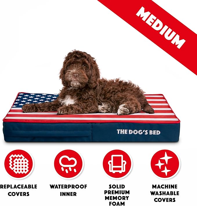 The Dog’s Bed Orthopedic Memory Foam Dog Bed Mattress, Oxford Fabric, Blue & Red Trim USA Center Flag, Medium, 4-Inch
