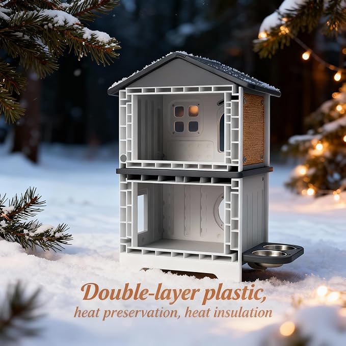 Outdoor Cat House with Insulated Liner, Weatherproof for Feral Multi Cat, 2 Story Plastic Elevated Cat Shelter with Escape Door, Scratching Post, Stainless Steel Bowl, Grey 35" D x 15" W x 20" H