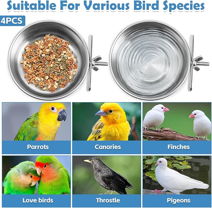 kathson 4 Pack Stainless Steel Bird Bowls, Parrot Feeding Dish Cups with Clamp Holder Bird Feeders Water Cage Bowl for Parakeet Cockatiels Conure Budgies Lovebird Finch and Small Animals