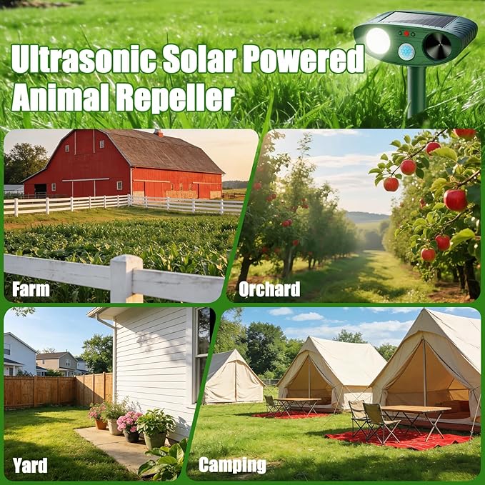 2026 Upgraded Ultrasonic Solar Animal Repellent Outdoor, Deer Repellent Devices Squirrel Cat Raccoon Rabbit Dog Deterrent with Motion Sensor Flash Light for Yard Garden Lawn (4)