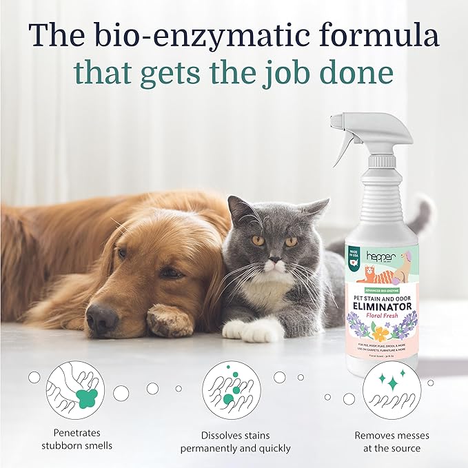 Hepper Advanced Bio-Enzyme Pet Stain & Odor Eliminator Spray - Smell, Stain & Urine Remover for Cats, Dogs & Other Animals - 32oz Spray Safe for the Home - Floral Fresh