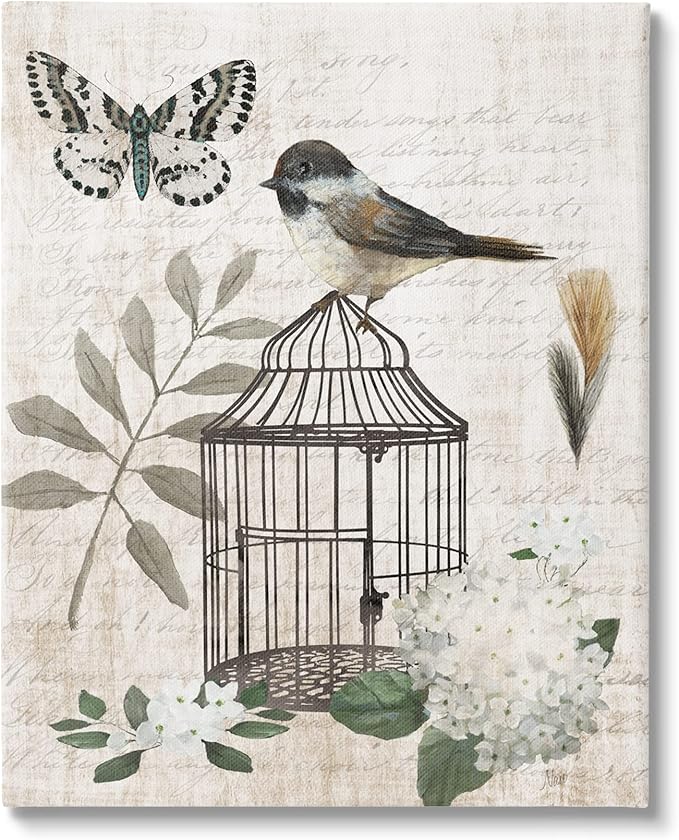 Stupell Industries Botanical Bird Cage Vintage Words Butterfly Motif Canvas Wall Art, Design By Nan