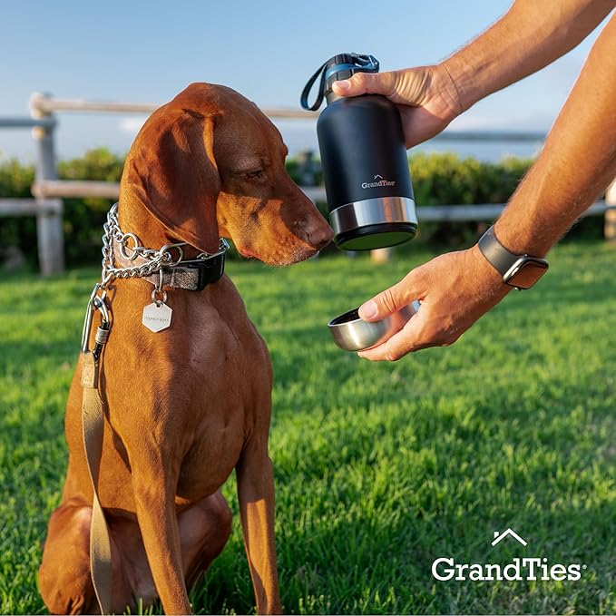 GrandTies Insulated Portable Water Bottle with 2 Detachable Dog Bowl Dispenser | Leak-Proof Food Travel Container | Walking, Hiking, Camping Accessory (64oz, Matte Black)