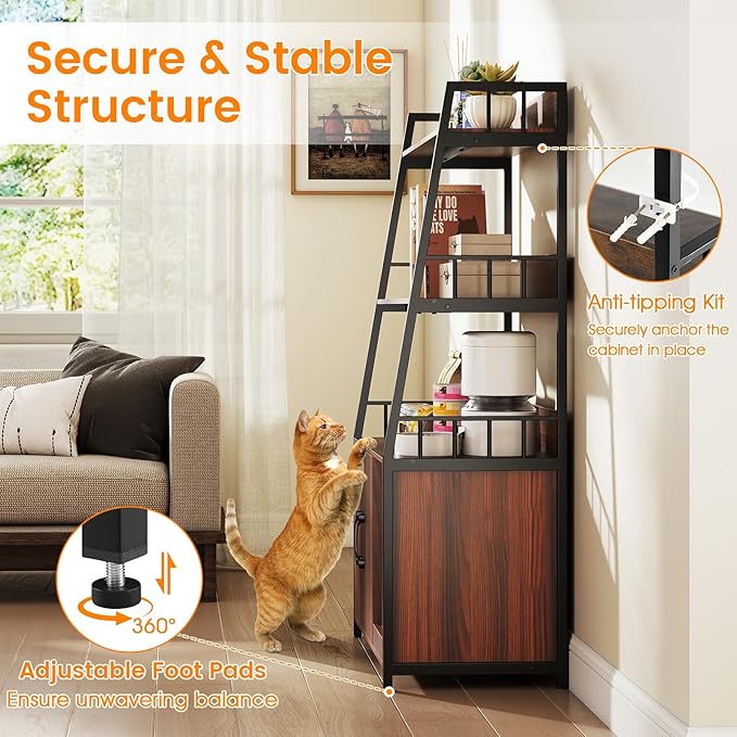 PETSITE Cat Litter Box Enclosure with Storage Shelves, 52 Inches Tall Hidden Litter Box with Charging Station, Scratching Board, and Winding Entry (Walnut)