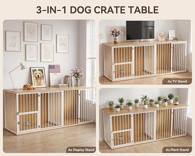 80.7" Double Dog Crate Furniture, Large Breed Dog Crate TV Stand with Swivel Bowls, Heavy Duty Wooden Double Dog Kennel with Removable Divider for 2 Medium Dogs (White)