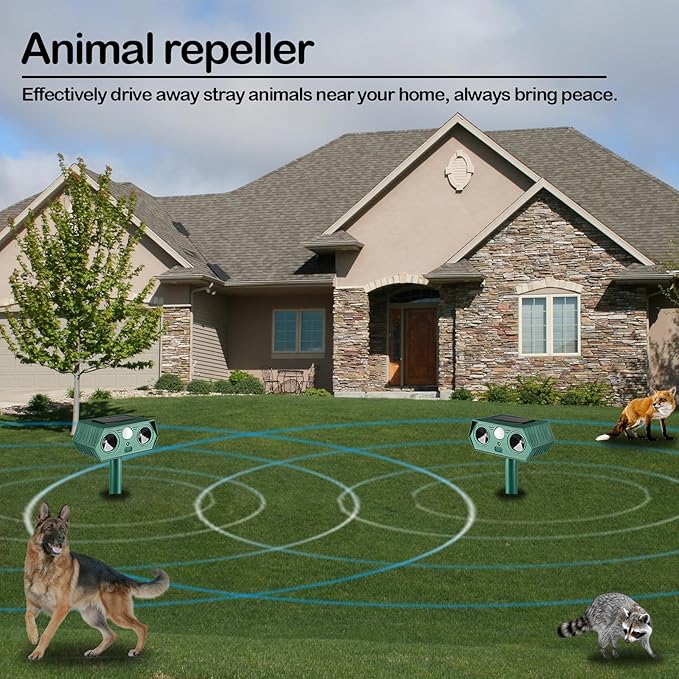 Solar Ultrasonic Animal Repellent 2 Pack,Cat Repellent for Outdoor with Motion Sensor,IP44 Waterproof Deer Repeller,Squirrel, Deer,Snake, Rabbit, Mole,Raccoon,Skunk,Yard Lawn Repeller Defender Rat