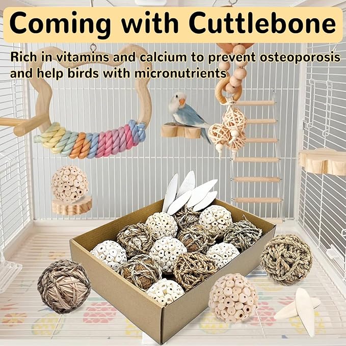 Bird Toys Sola Balls Parakeet Toys Natural Soft Chew Grass Balls with Cuttlebone for Parrots Conures Rabbits Hamster Guinea Pig Chinchilla(Style 2, 18 PCS)