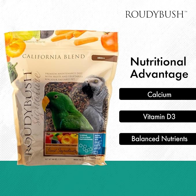 RoudyBush California Blend Pellets for Birds - Scientifically Formulated Bird Feed - Bird Food Pellets w/Dried Fruits, Vegetables & More - Nutritious & Healthy Feed for Birds (Small, 44oz)