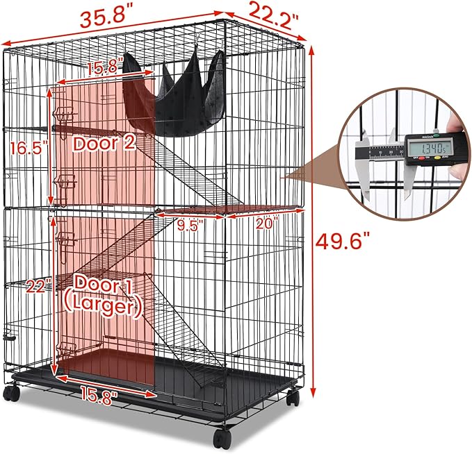Homey Pet 51 Inch Cat Cages Indoor, Large 4-Tier Cat Crates for Indoor Cats, Collapsible Metal Wire Cat Enclosures Big Kennel for Adult Cats Kitten Kitty with Hammock, Ladders, 360° Wheels