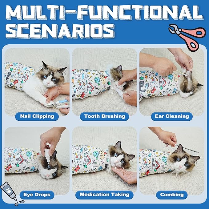 Supet Cat Grooming Wrap for Cutting Nails, 2026 Self-Adherent Cat Wrap, Anti-Escape Calming Cat Swaddle Wrap for Medicine, Nail Clipping, Teeth Brushing, Ear Cleaning (Cartoon, L)