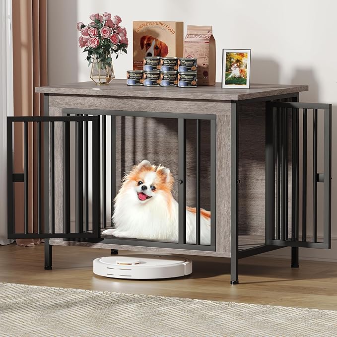 EasyCom Dog Crate Furniture for 1 or 2 Dogs, Heavy Duty Single/Double Dog Crates for Small/Medium/Large Dogs, Dog Kennel Furniture Indoor as TV Stand, Medium Size 31.5" L(20-35 Pounds), Oak Grey