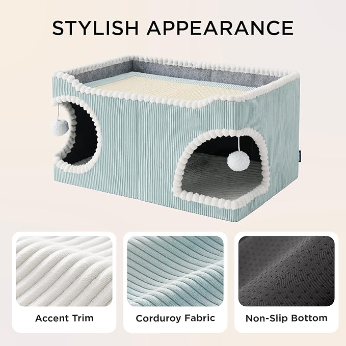 Bedsure Large Cat Beds for Indoor Cats - Extra Wide Cat House with Scratch Removable Top Sisal Pad for Multi Cats, Foldable Cave Hideaway for Entertainment, 23.6x15.9x12.6inches, Blue