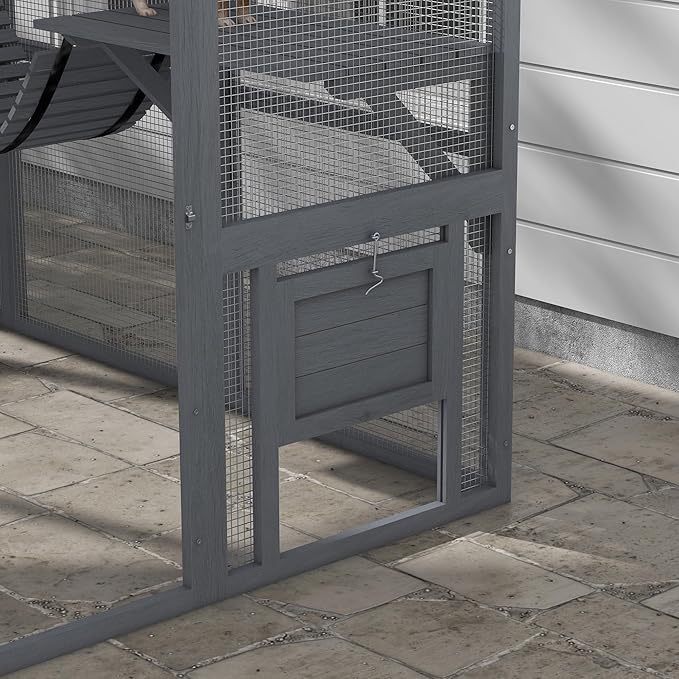PawHut 110" L Large Catio Outdoor Cat Enclosure for Multiple Kittens, 56 sq.ft Wooden Cat House with Waterproof Cover, Walk in Kitty Cage Kennel with 2 Condos, 6 Platforms, Bridge, Doors, Gray