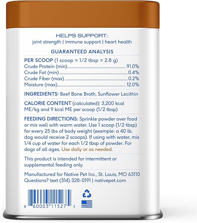 Native Pet Bone Broth for Dogs - Made with Real Beef Bone Broth, Dog Food Toppers for Picky Eaters - Provides Extra Hydration & Nutrition for Joint Strength, Immunity & Heart Health-48 Scoops