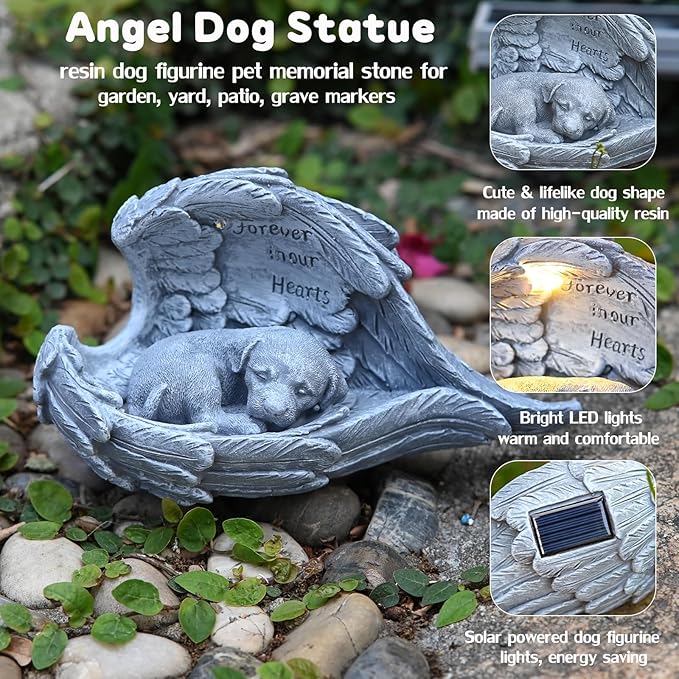 VEEKI Dog Memorial Gifts for Loss of Dog, Peaceful Sleeping Solar Angel Dog Statue Outdoor Waterproof, Resin Dog Figurine Pet Memorial Stone for Garden Grave Markers, Loss of Pet Sympathy Gift (Dog)