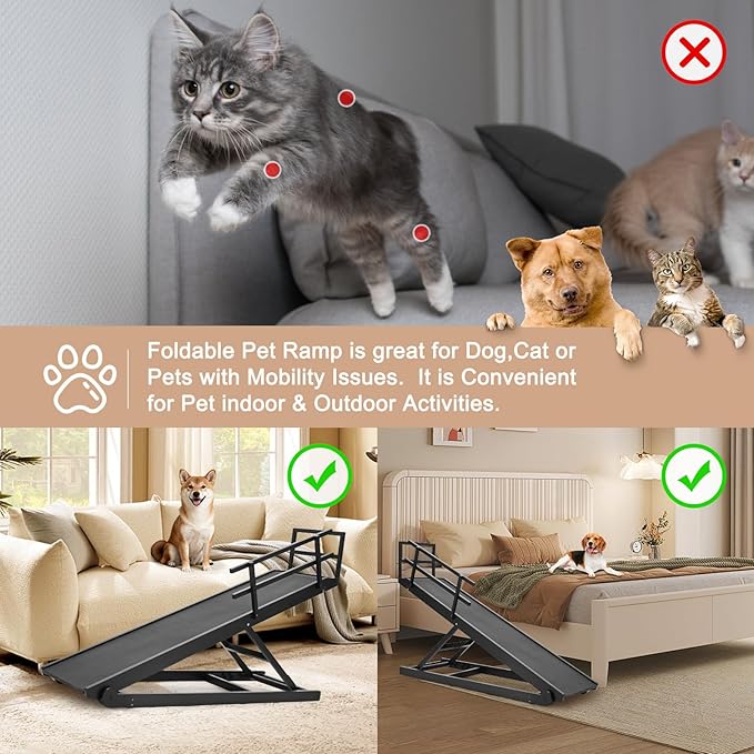SLSY Dog Ramp for Bed, Couch & SUV, Upgraded Folding Adjustable Pet Ramp with Non-Slip Rubber Mat, 45.2" Long, 5 Heights 15.7''–23.6", Portable Wooden Step Supports up to 200 lbs for Dogs and Cats