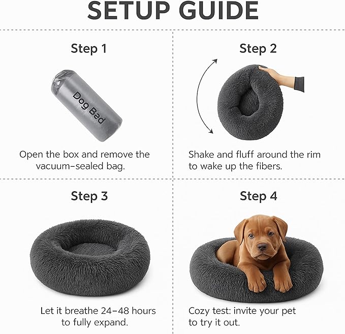 Calming Dog Bed - Fluffy Donut Cuddler for Anxiety Relief, Orthopedic Pet Bed with Non-Slip Bottom, Cozy Round Faux Fur Nest for Dogs and Cats, Plush Crate Mat for Comfort (Dark Grey, X-Large)