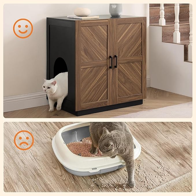 unipaws Cat Litter Box Enclosure Furniture with Storage Shelf, Tall Hidden Litter Box Cover for Tall or Top Entry Litter Box, Kitty Enclosed Cabinet, Cat Box with Odor Control, Walnut and Black