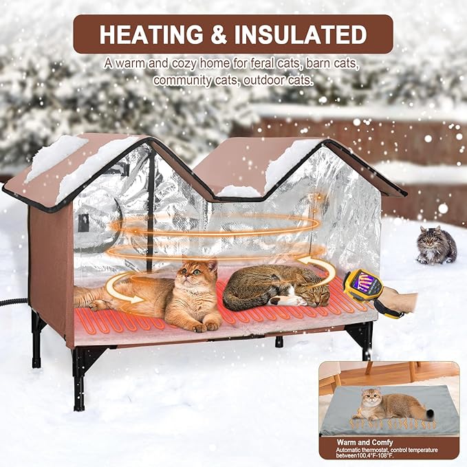 Extra Large Heated Outdoor Cat House Weatherproof, Insulated Outdoor Heated Cat House for Outside with Heater, Elevated Outdoor Feral Cat Shelter for Multiple Cats Small Dogs (Brown, XL)