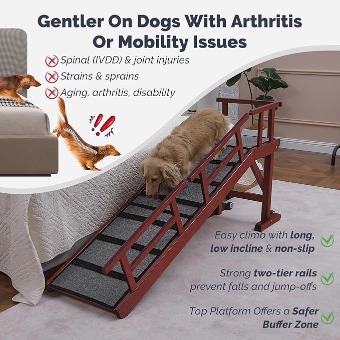 Dog Ramp for Bed or Couch, Wooden Pet Ramp with 20° Gentle Slope, Removable Side Rails, Non-Slip Surface, Top Platform & Wheels, Safe Bed Ramp for Small, Large & Senior Dogs, 60" Long, Mahogany