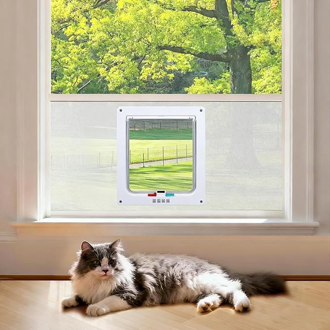 Cat Door for Window, Safety Cat Window with 4 Way Lock, Pet Friendly Cat Door Window Insert, Ease of Installation, Magnetic Closure, Weatherproof Design, Frosted Plexiglass 18"-28"