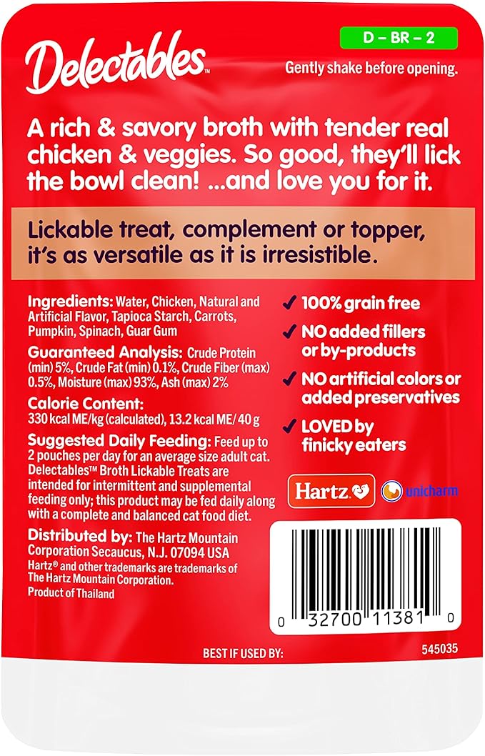 Hartz Delectables Savory Broths Chicken & Veggies Lickable Wet Cat Treats,(Pack of 24)
