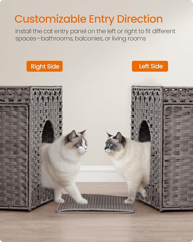 Feandrea Cat Litter Box Enclosure, Handwoven Rattan Hidden Litter Box Furniture with Extra Litter Mat, Removable Washable Tray, Boho Cat House, End Table, Dove Gray UPCL014G01
