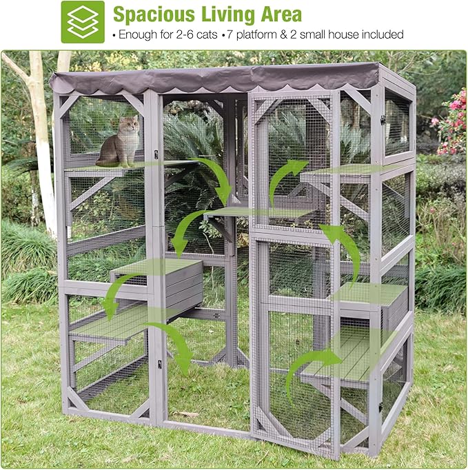 GUTINNEEN Catio Outdoor Cat Enclosure Large Walk in Window Cat House for Mulitiple Cats with 7 Platforms and 2 Resting Box,Tarp Roof,71 inch