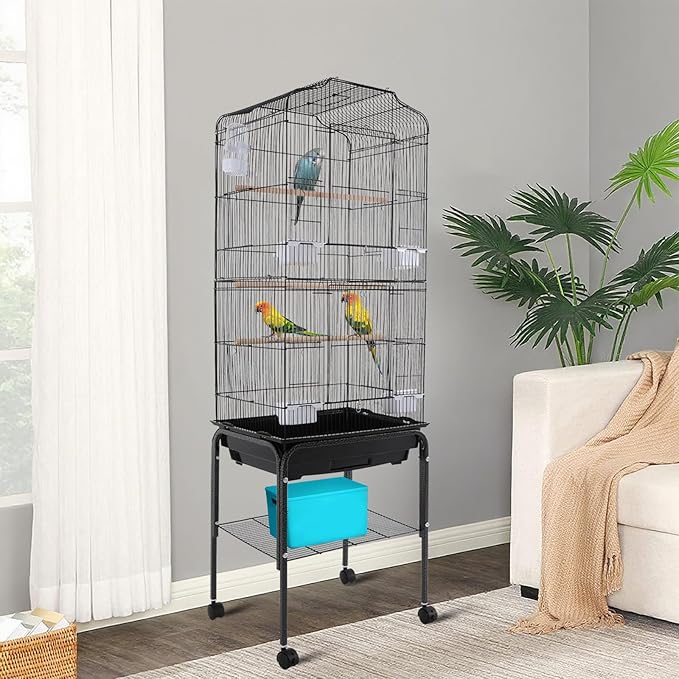 Large Bird Cage with Wheels, Budgie Cage with Bottom Storage Shelf, 54in Tall Bird Cages for Parakeets, Parrot, Cockatiel, Pull-Out Tray&Mesh Bottom (Black)