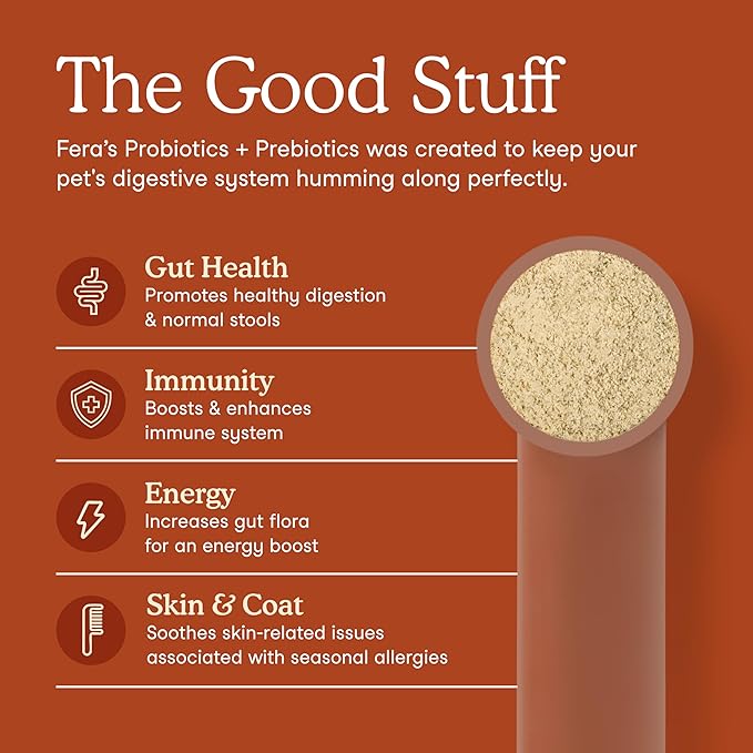 Fera Pets Probiotics for Dogs & Cats with Prebiotics - USDA Organic - Gut Health Powder Supplement with 12 Strains & 5 Billion CFUs - Supports Immunity, Energy and Skin & Coat - 60 Scoops