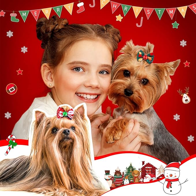 Tondiamo 100 Pack Christmas Dog Bows for Dogs Christmas Hair Bows with Rubber Bands Puppy Hair Bows Rhinestone Dog Bows Grooming with Santa Claus Christmas Tree Elk Snowflake Dog Hair Accessories