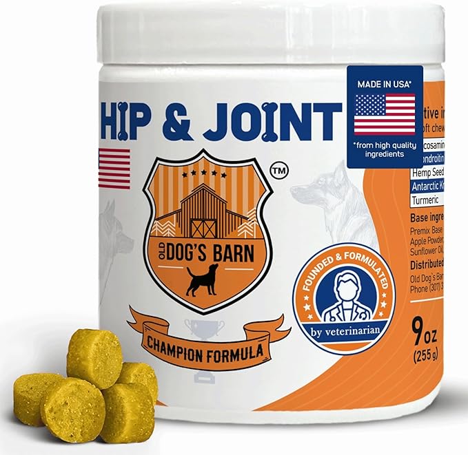 Old Dog's Barn Hip and Joint Supplement for Dogs, 9 oz, Vet-Formulated Formula with Glucosamine, Antarctic Krill Oil,Chondroitin, MSM, Green Lipped Mussel, Vitamins C&D, Omega 3, Beef fl,120 Chews