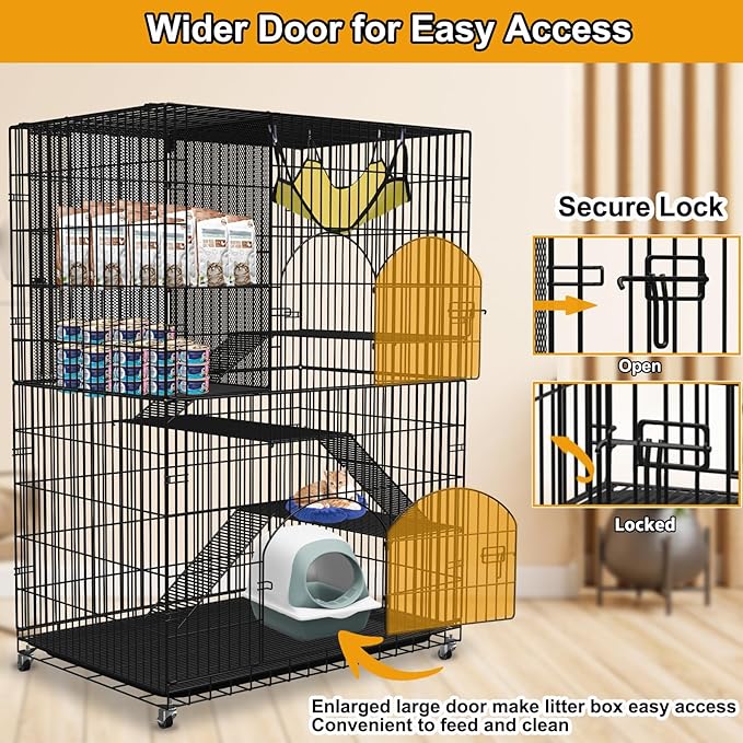 Extra Large Collapsible Cat Cage Indoor with Storage Cube, 4-Tier Cat Crate Black Metal Cat Enclosure with 360° Rotating Casters & Hammock for Kittens, Small Animals