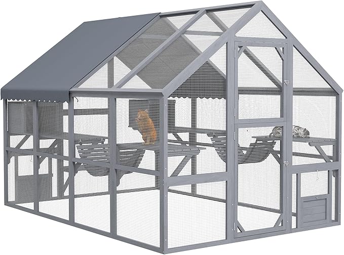 PawHut 110" L Large Catio Outdoor Cat Enclosure for Multiple Kittens, 56 sq.ft Wooden Cat House with Waterproof Cover, Walk in Kitty Cage Kennel with 2 Condos, 6 Platforms, Bridge, Doors, Gray