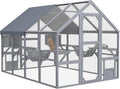 PawHut 110" L Large Catio Outdoor Cat Enclosure for Multiple Kittens, 56 sq.ft Wooden Cat House with Waterproof Cover, Walk in Kitty Cage Kennel with 2 Condos, 6 Platforms, Bridge, Doors, Gray