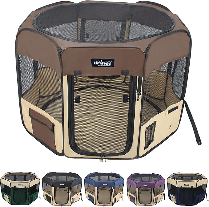EliteField 2-Door Soft Pet Playpen (2 Year Warranty), Exercise Pen, Multiple Sizes and Colors Available for Dogs, Cats and Other Pets (62" x 62" x 24"H, Brown+Beige)