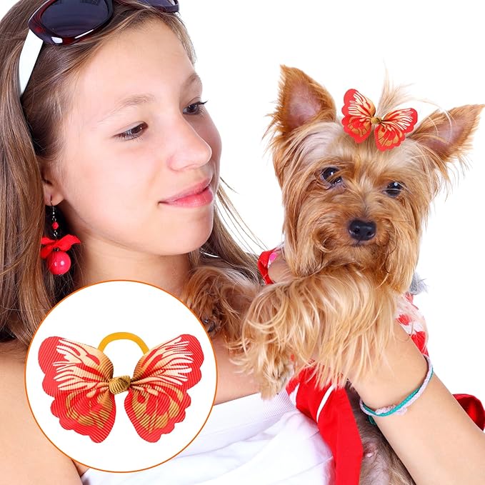 Janinka 36 Pieces Dog Hair Bows with Rubber Bands Easter Butterfly Bows for Small Size Dog Girl Flower Pearls Elastic Hair Ties Bands for Pets Puppy Cats Grooming Accessories(Fresh Color)