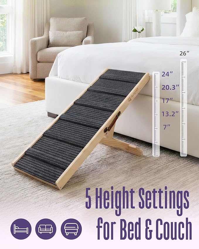 Dog Ramp for Small & Medium Dogs, Joint-Friendly Pet Ramp for Bed & Couch, Foldable, Anti-Slip, Portable, Height-Adjustable, Supports Up to 70 lbs