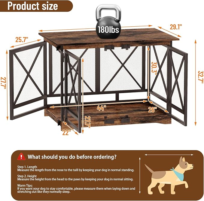 COZPAW Large Dog Crate Furniture - 48 inch Heavy Duty Dog Kennel Indoor for XLarge Breed with Double Doors, Wooden Dog Cage XL Modern Decorative End Table Pet House (Brown)