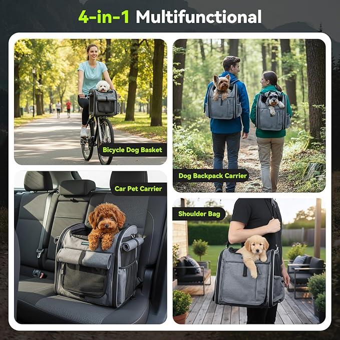 Dog Bike Front Basket, 4 in 1 Foldable Pet Backpack/Shoulder Bag/Auto Seat with Heavy-Duty L-Shaped Mount Φ3.15 in, Waterproof Cushion & Reflective Strips, Supports Up to 22lbs